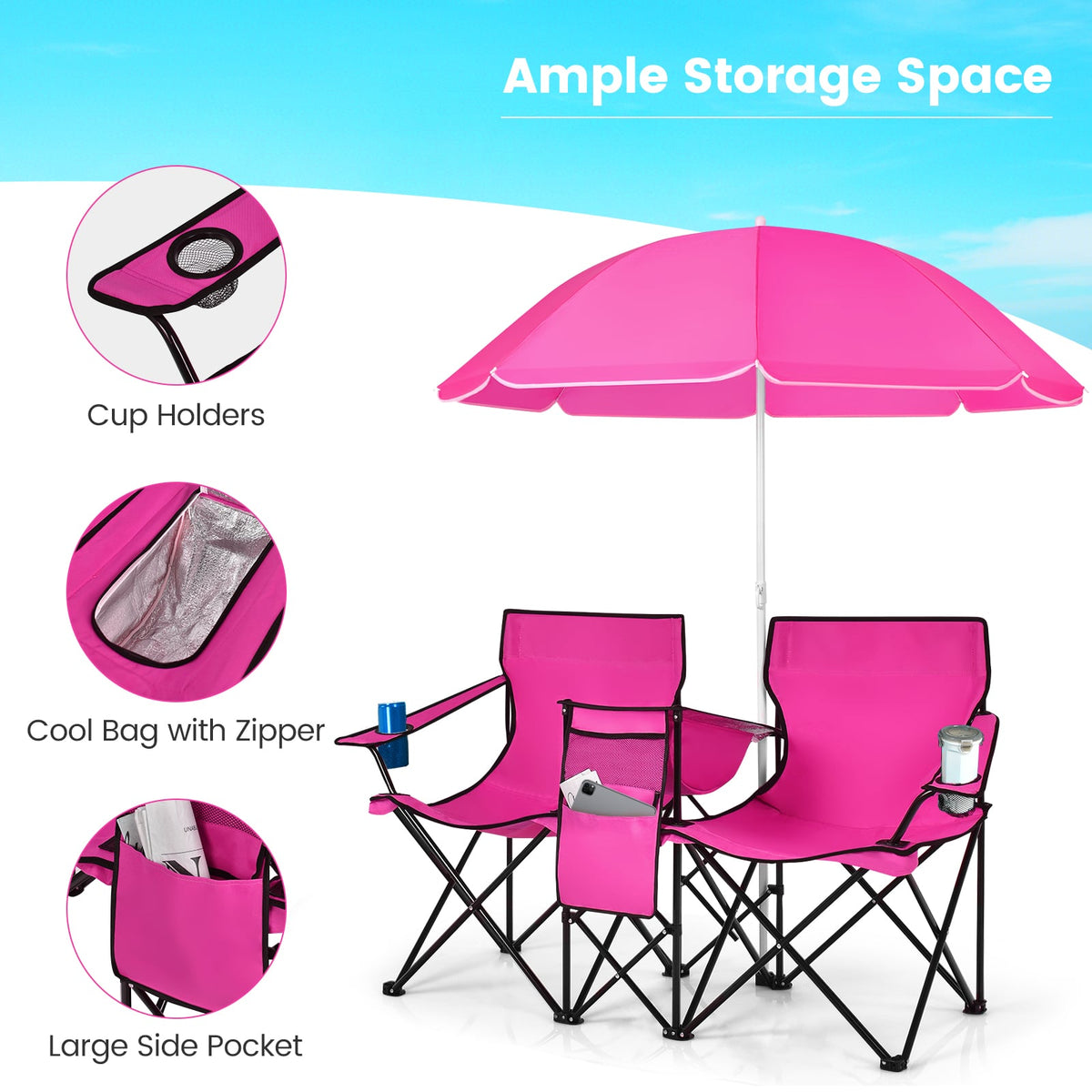 Portable Folding Picnic Double Chair With Removable Umbrella-Pink-Camping Furniture-DECOROLALA