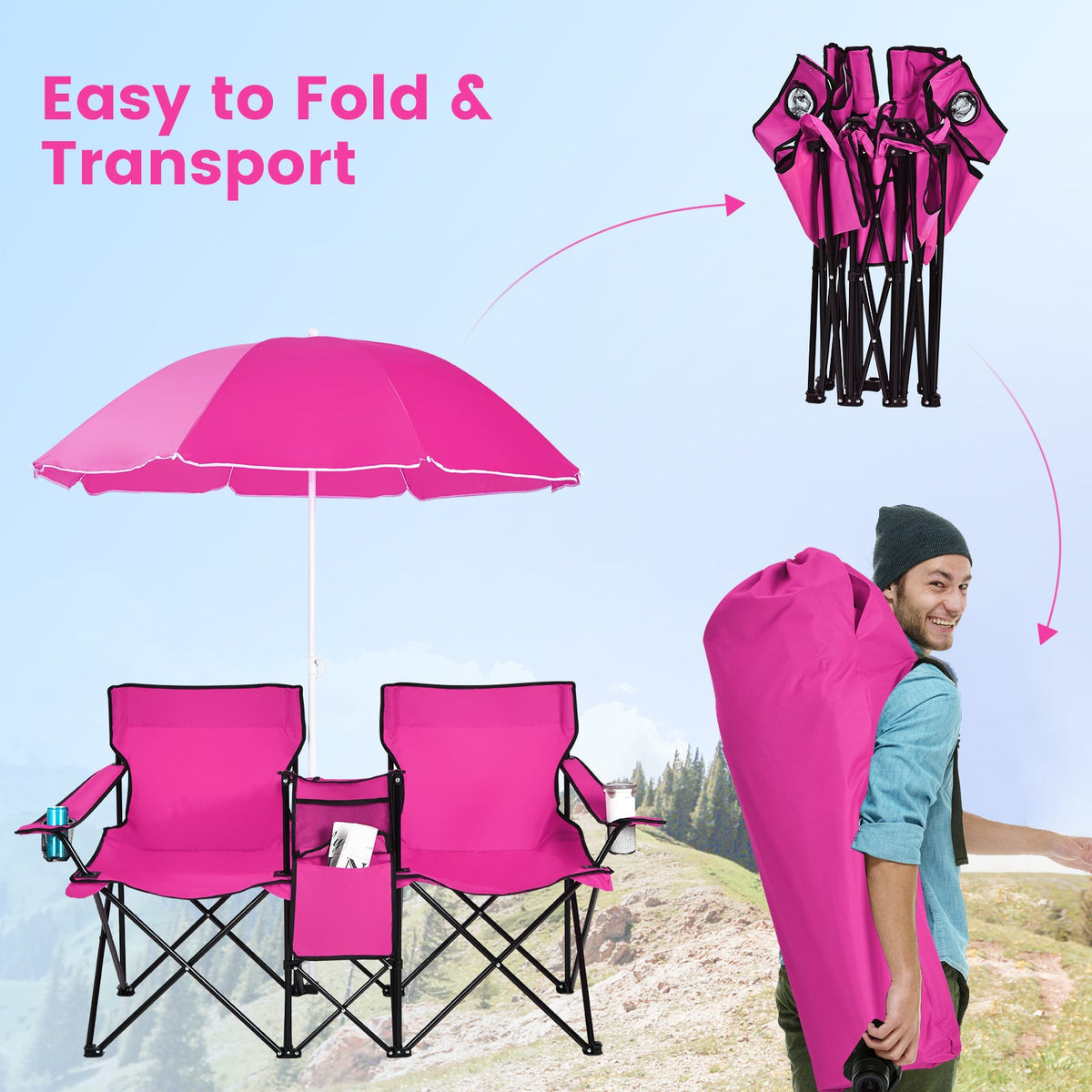 Portable Folding Picnic Double Chair With Removable Umbrella-Pink-Camping Furniture-DECOROLALA