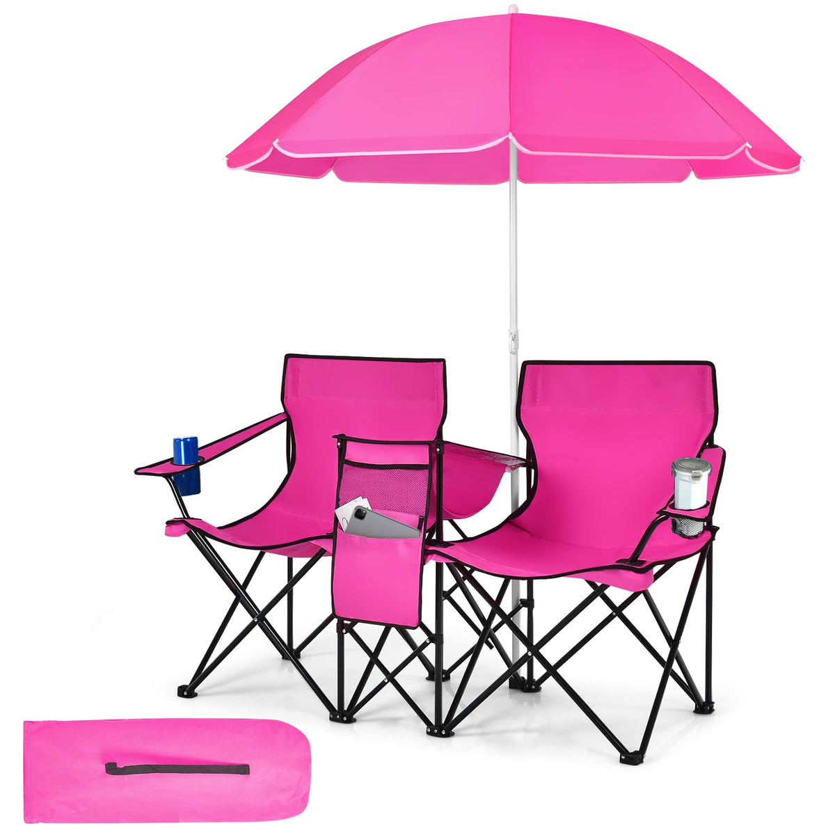 Portable Folding Picnic Double Chair With Removable Umbrella-Pink-Camping Furniture-DECOROLALA