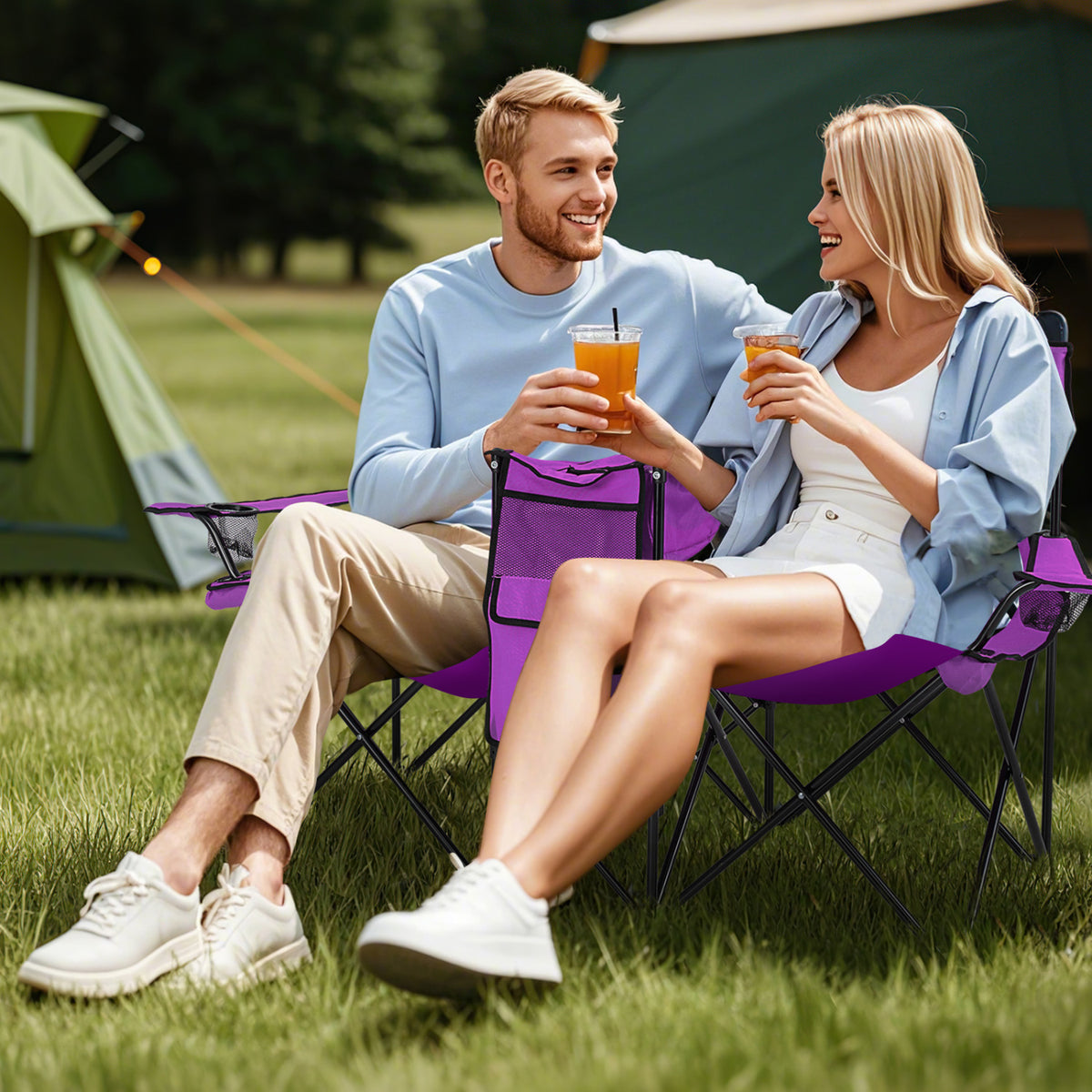 Portable Folding Picnic Double Chair With Removable Umbrella-Purple-Camping Furniture-DECOROLALA