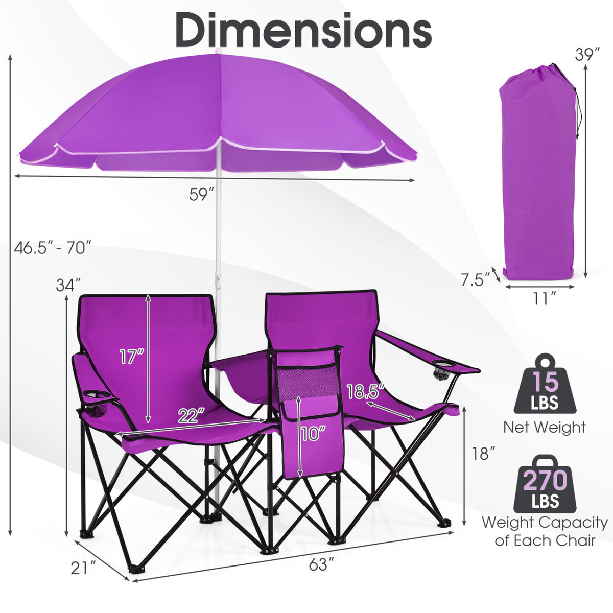 Portable Folding Picnic Double Chair With Removable Umbrella-Purple-Camping Furniture-DECOROLALA