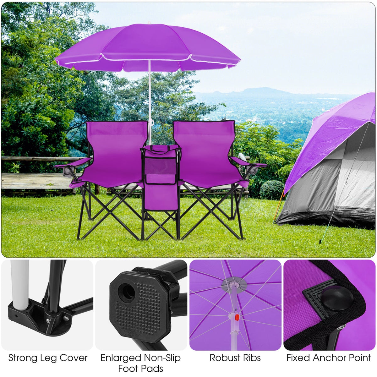 Portable Folding Picnic Double Chair With Removable Umbrella-Purple-Camping Furniture-DECOROLALA