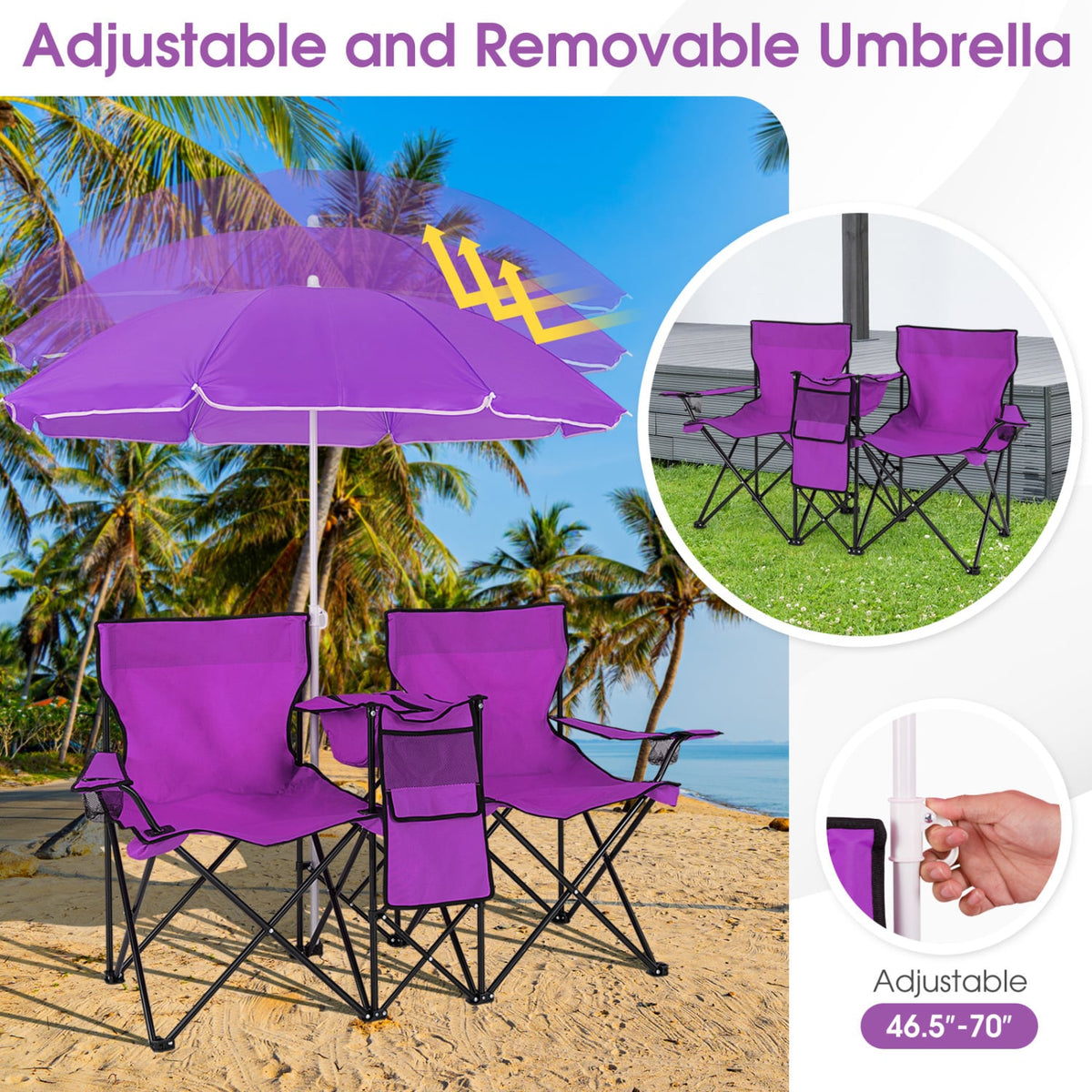 Portable Folding Picnic Double Chair With Removable Umbrella-Purple-Camping Furniture-DECOROLALA