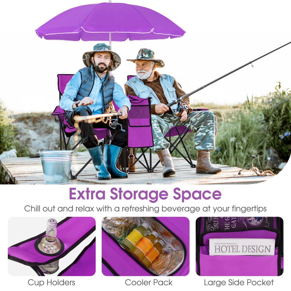 Portable Folding Picnic Double Chair With Removable Umbrella-Purple-Camping Furniture-DECOROLALA