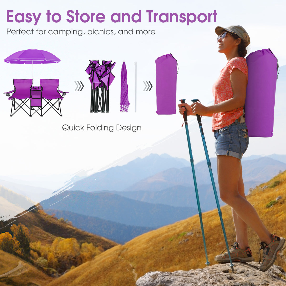 Portable Folding Picnic Double Chair With Removable Umbrella-Purple-Camping Furniture-DECOROLALA