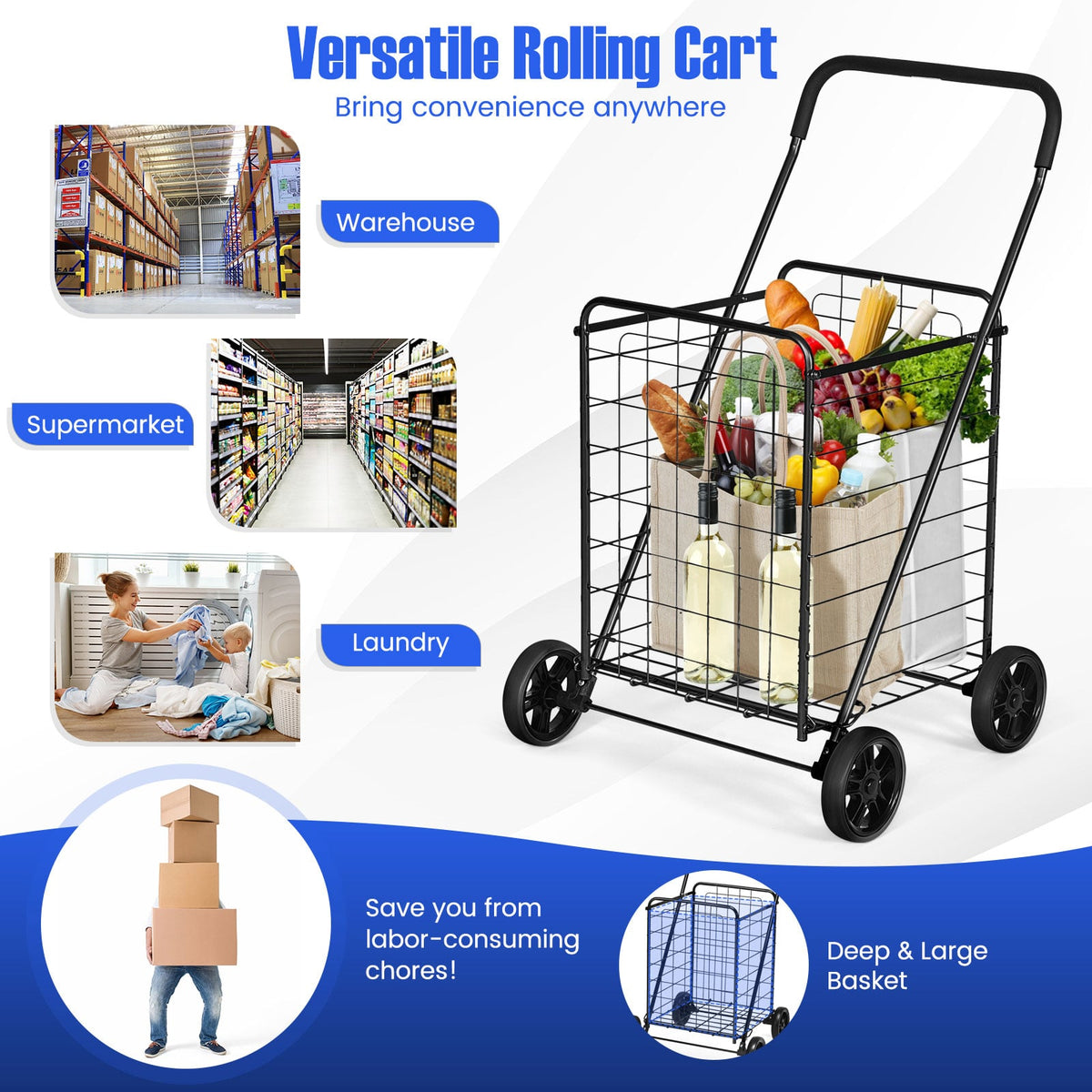 Portable Folding Shopping Cart Utility for Grocery Laundry-Black-Kitchen Tools-DECOROLALA