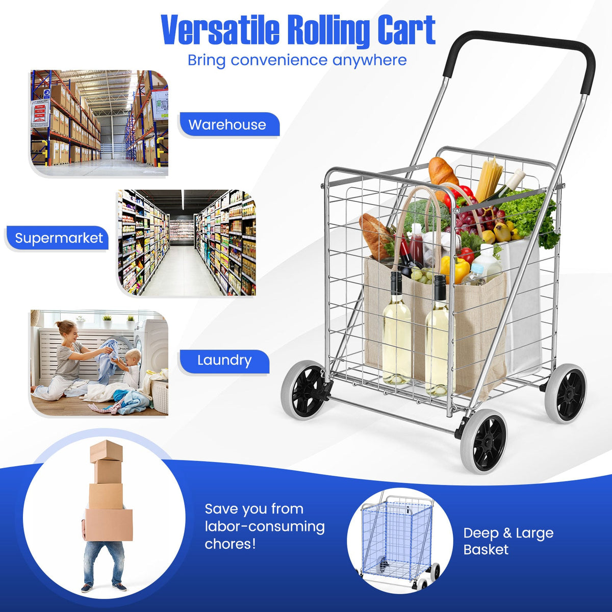 Portable Folding Shopping Cart Utility for Grocery Laundry-Silver-Kitchen Tools-DECOROLALA