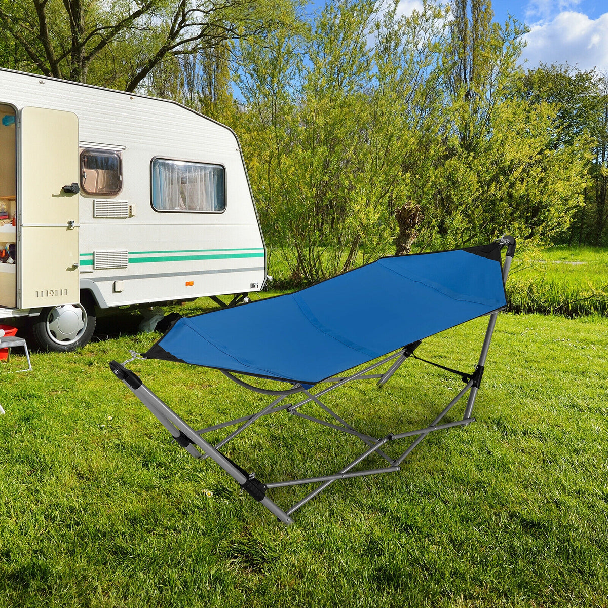 Portable Folding Steel Frame Hammock with Bag-Blue-Hammocks-DECOROLALA