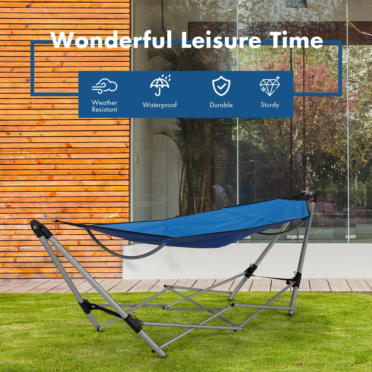Portable Folding Steel Frame Hammock with Bag-Blue-Hammocks-DECOROLALA