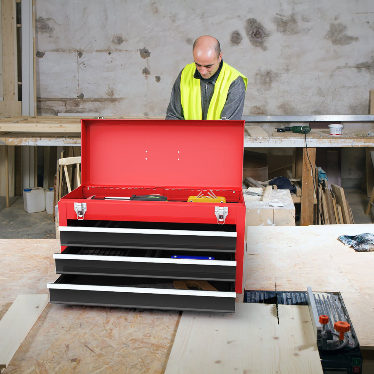 Portable Garage Mechanic Tool Cabinet Box with 3 Drawers-Black & Red-Garages-DECOROLALA
