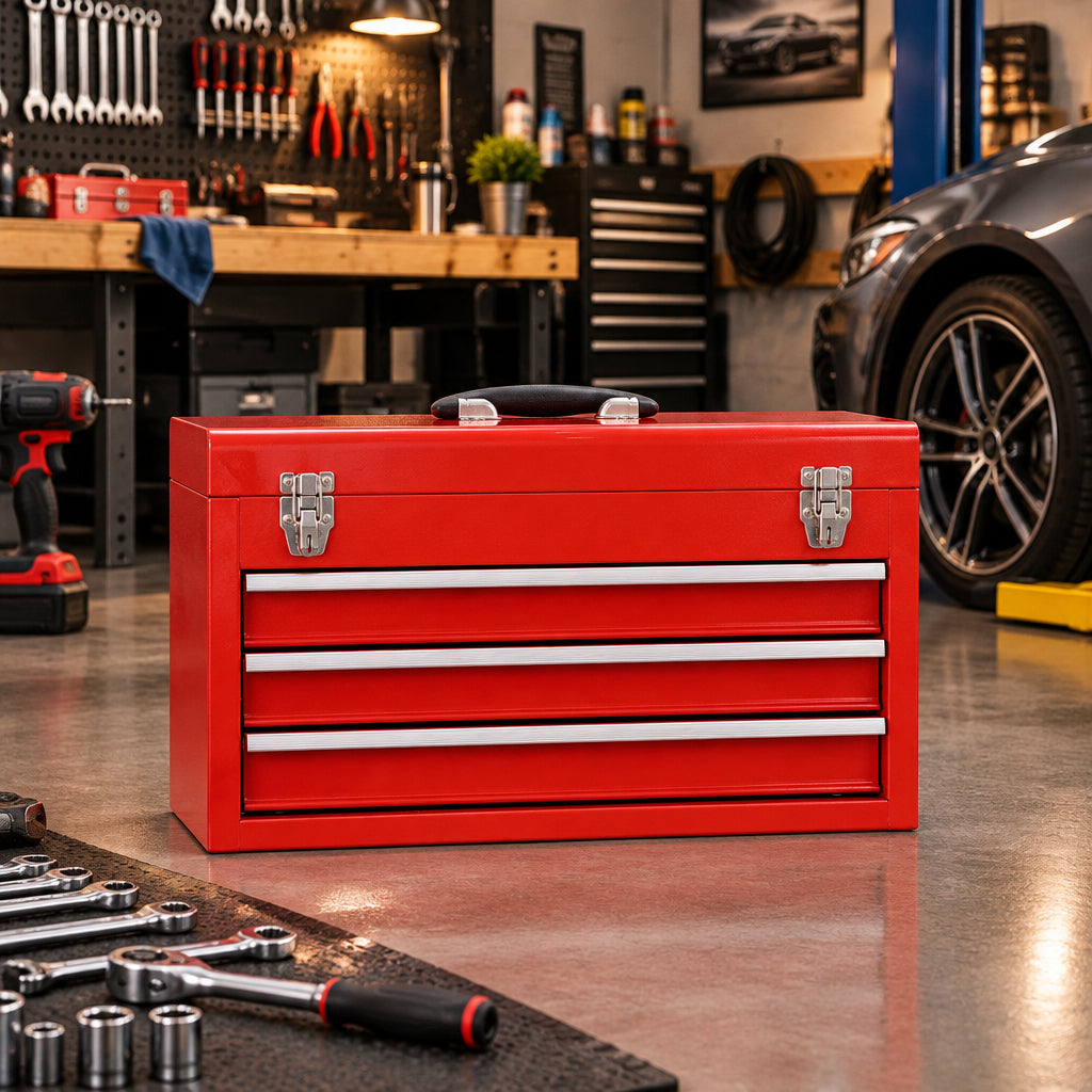 Portable Garage Mechanic Tool Cabinet Box with 3 Drawers-Red-Garages-DECOROLALA