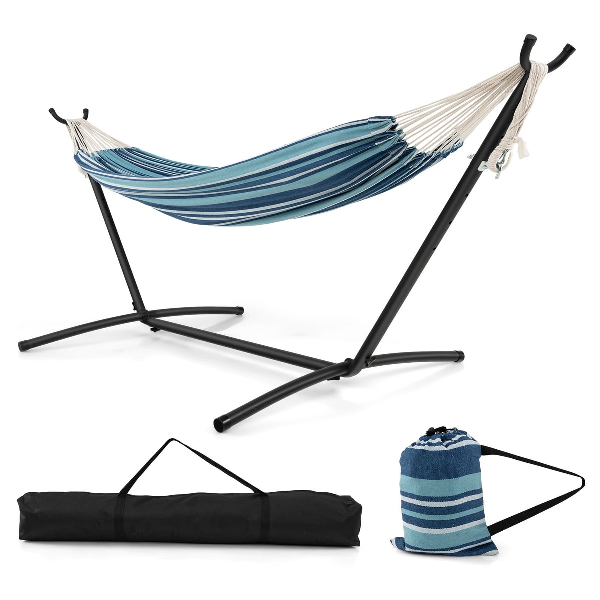 Portable Indoor Outdoor 2-Person Double Hammock Set with Stand and Carrying Cases-Blue-Hammocks-DECOROLALA
