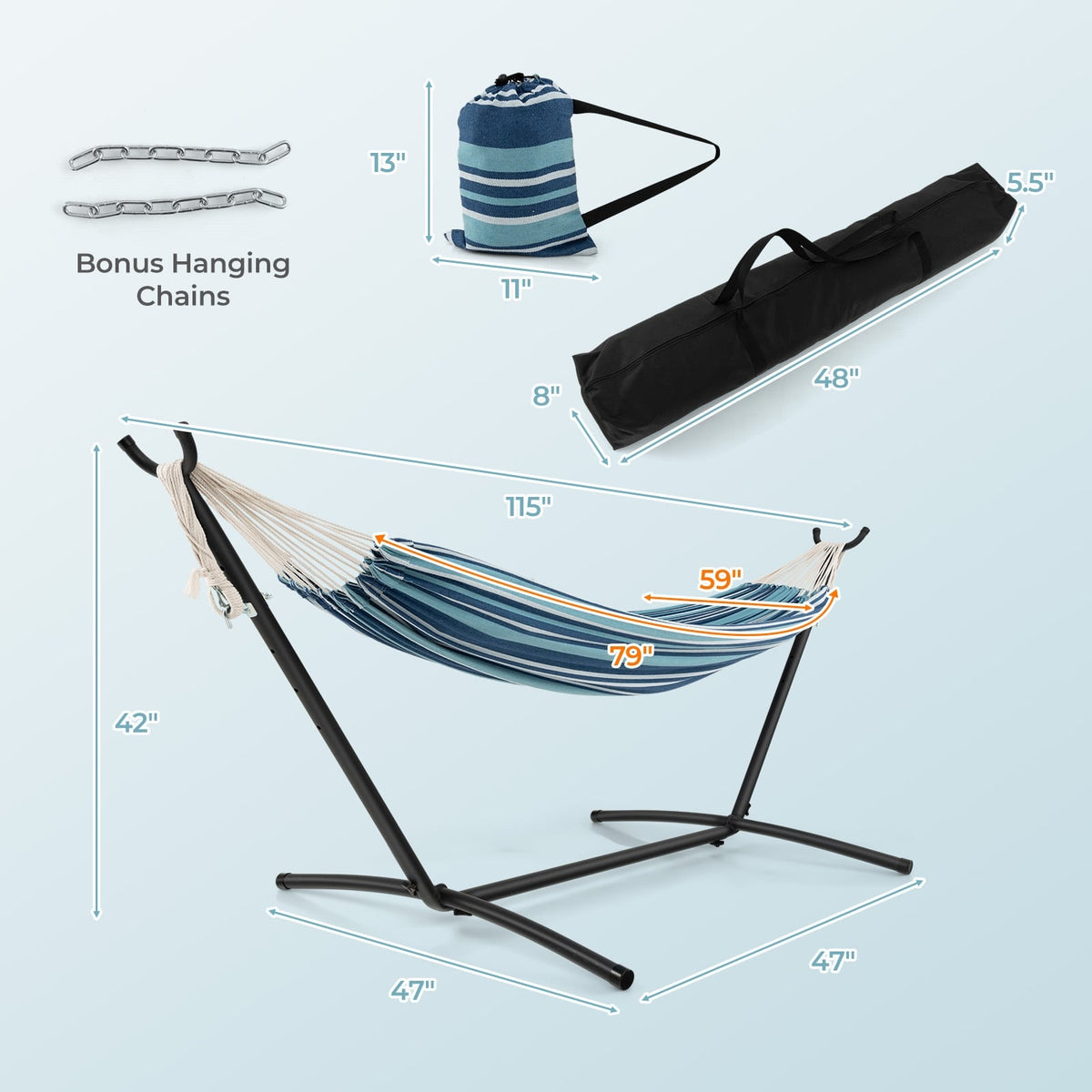 Portable Indoor Outdoor 2-Person Double Hammock Set with Stand and Carrying Cases-Blue-Hammocks-DECOROLALA