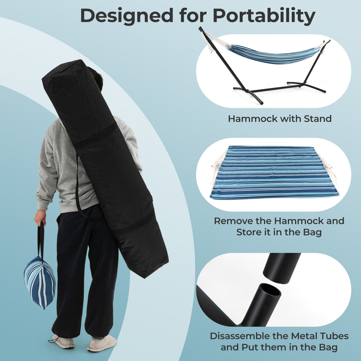 Portable Indoor Outdoor 2-Person Double Hammock Set with Stand and Carrying Cases-Blue-Hammocks-DECOROLALA