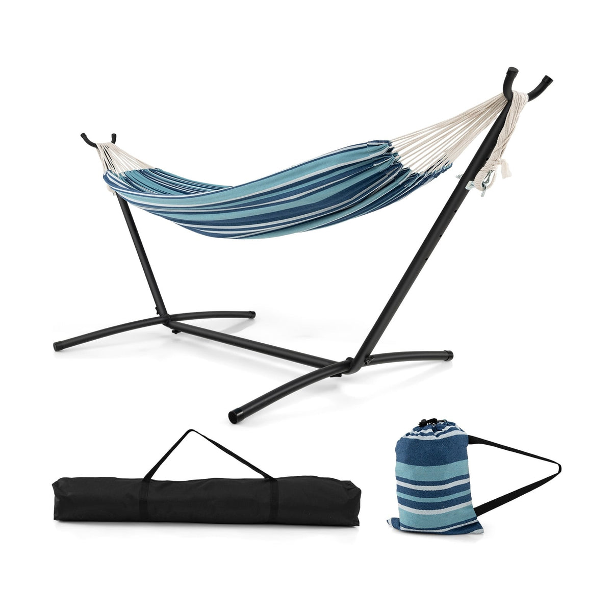 Portable Indoor Outdoor 2-Person Double Hammock Set with Stand and Carrying Cases-Blue-Hammocks-DECOROLALA