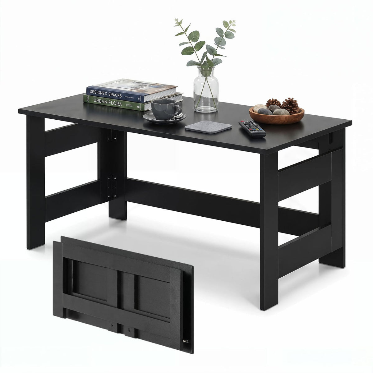 Portable Low Floor Table with Foldable Legs for Living Room-Black-Coffee Tables-DECOROLALA