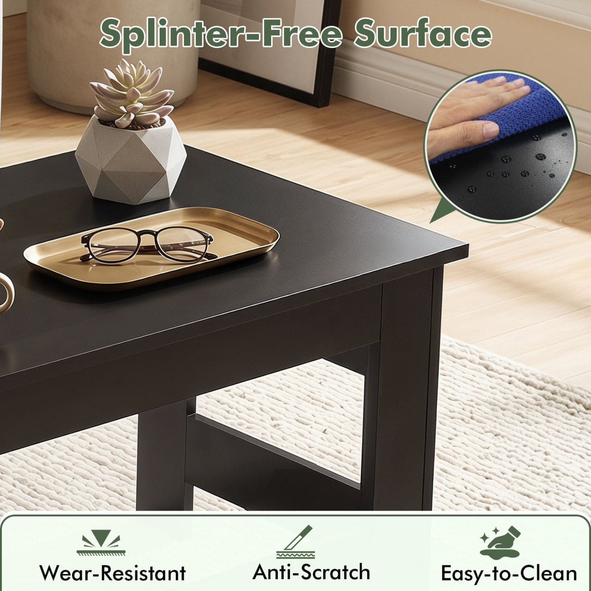 Portable Low Floor Table with Foldable Legs for Living Room-Black-Coffee Tables-DECOROLALA