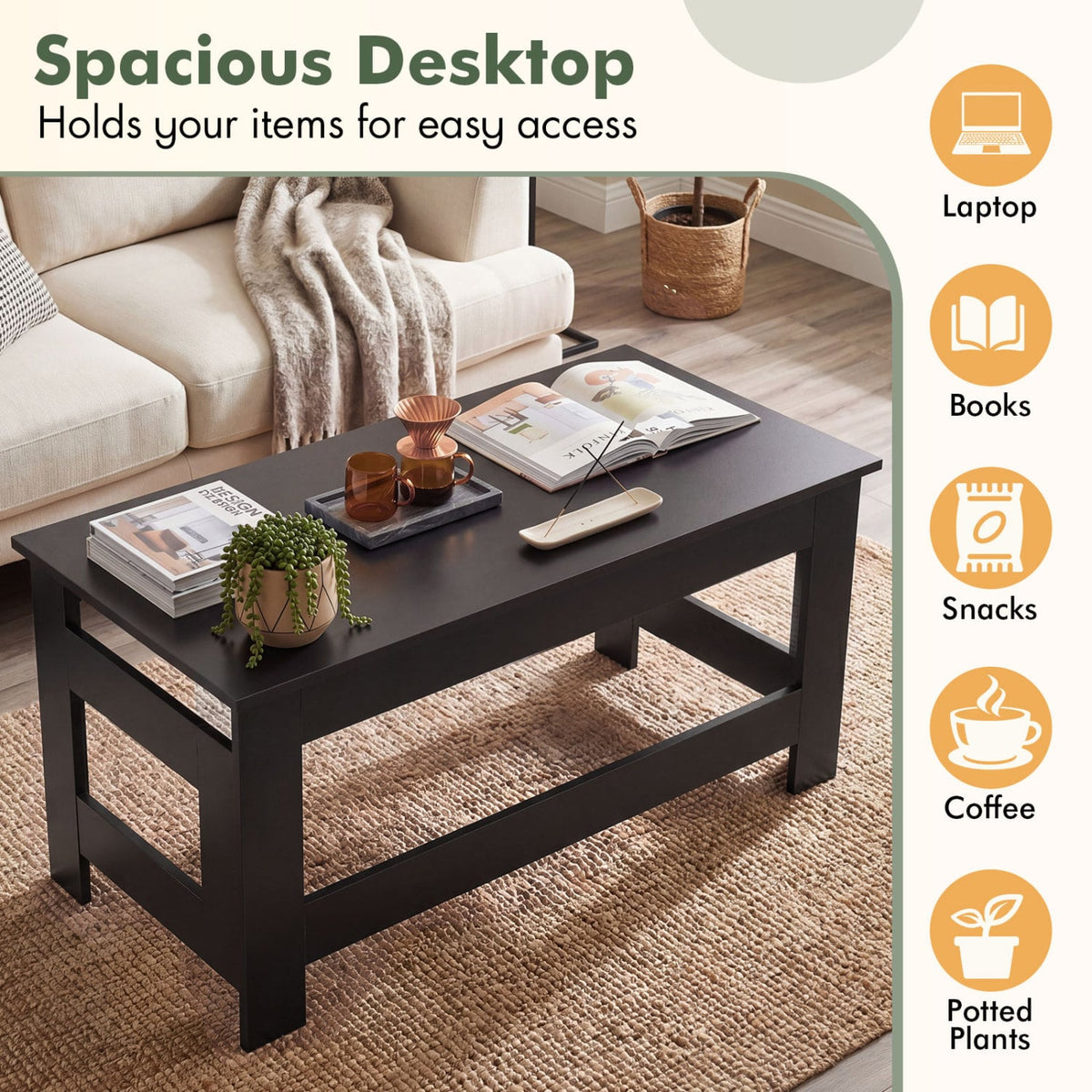 Portable Low Floor Table with Foldable Legs for Living Room-Black-Coffee Tables-DECOROLALA