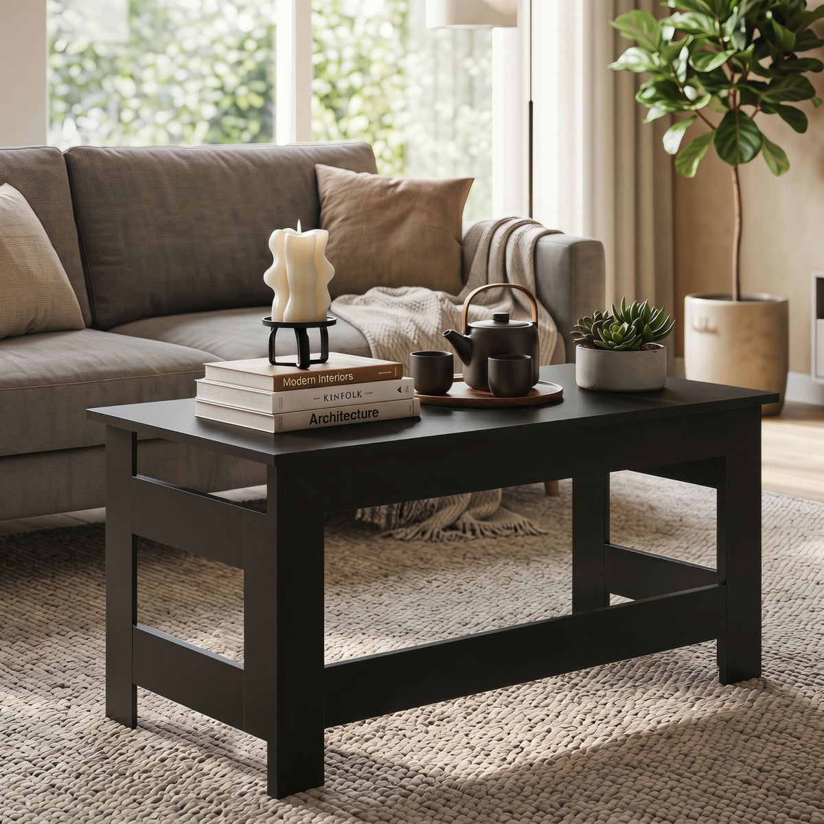 Portable Low Floor Table with Foldable Legs for Living Room-Black-Coffee Tables-DECOROLALA
