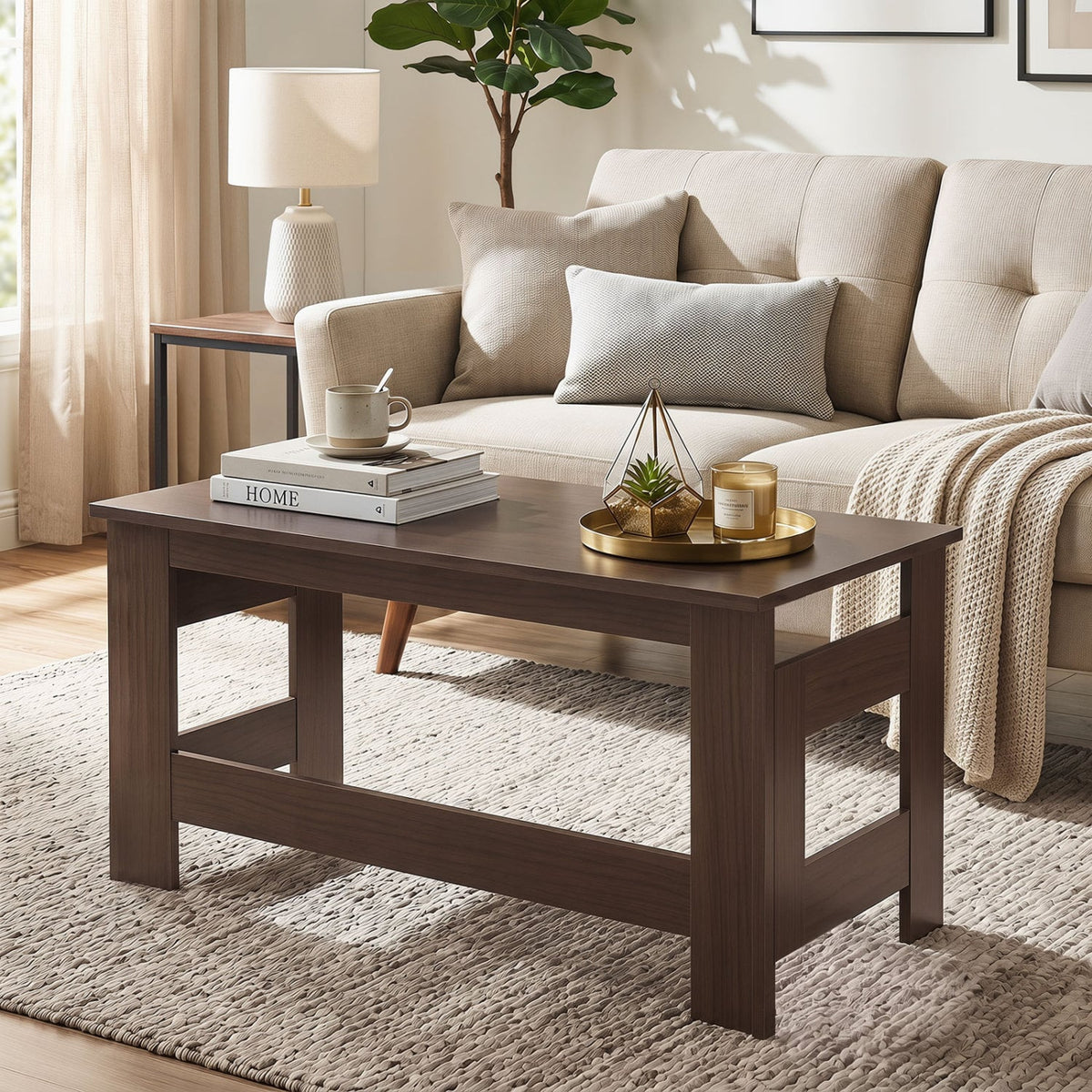 Portable Low Floor Table with Foldable Legs for Living Room-Brown-Coffee Tables-DECOROLALA