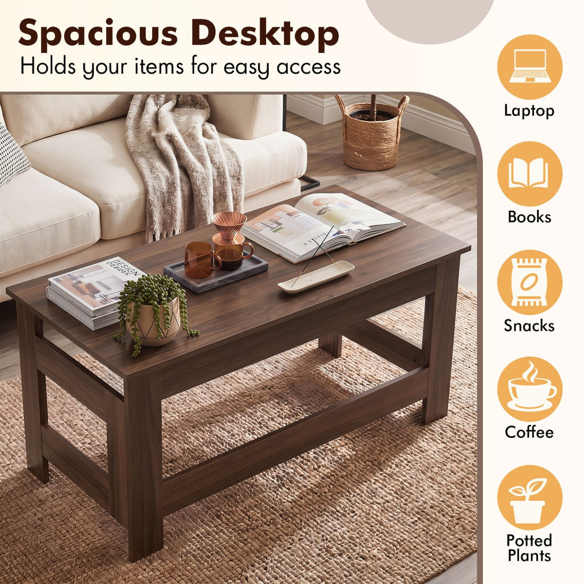 Portable Low Floor Table with Foldable Legs for Living Room-Brown-Coffee Tables-DECOROLALA
