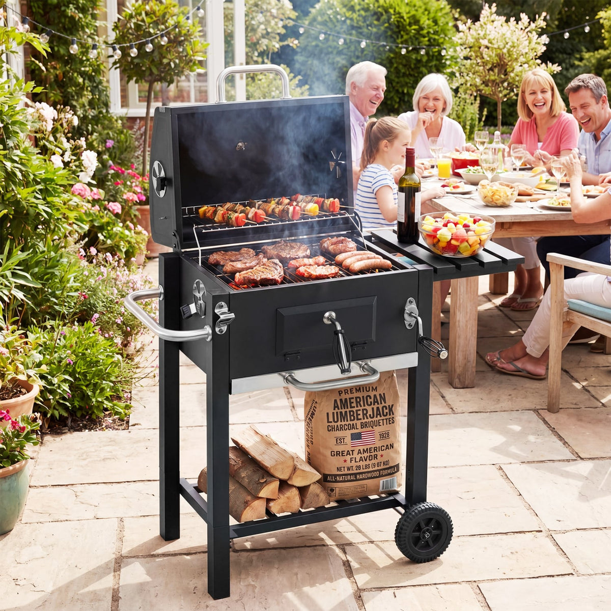Portable Outdoor Barbecue Grill with Adjustable Charcoal Tray and Wheels-Black-Outdoor Grills-DECOROLALA