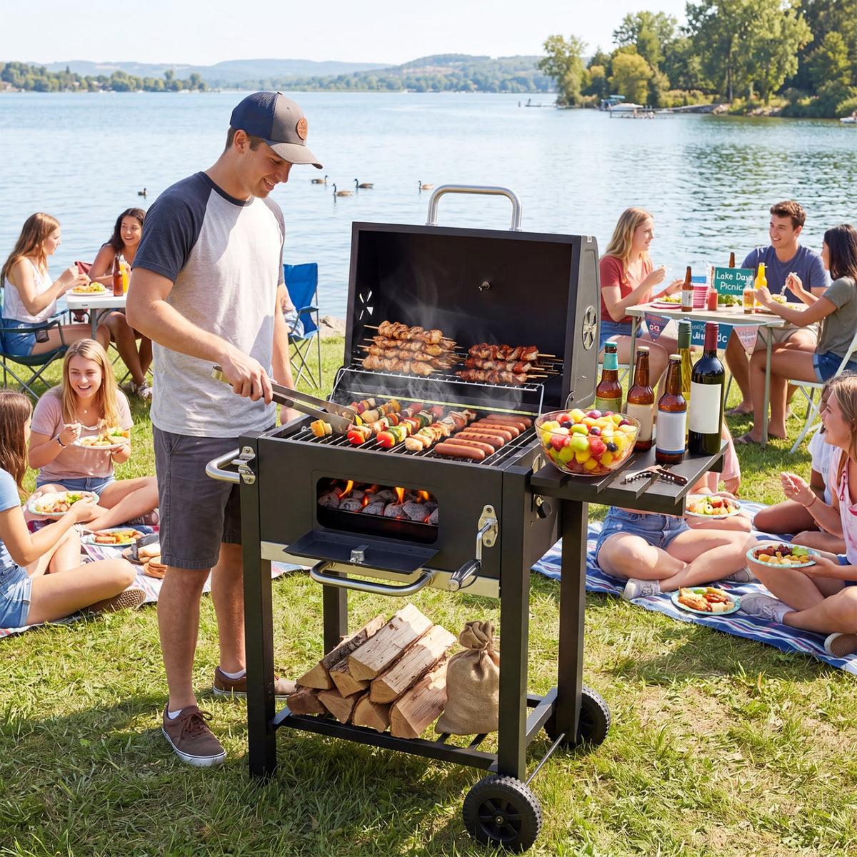 Portable Outdoor Barbecue Grill with Adjustable Charcoal Tray and Wheels-Black-Outdoor Grills-DECOROLALA