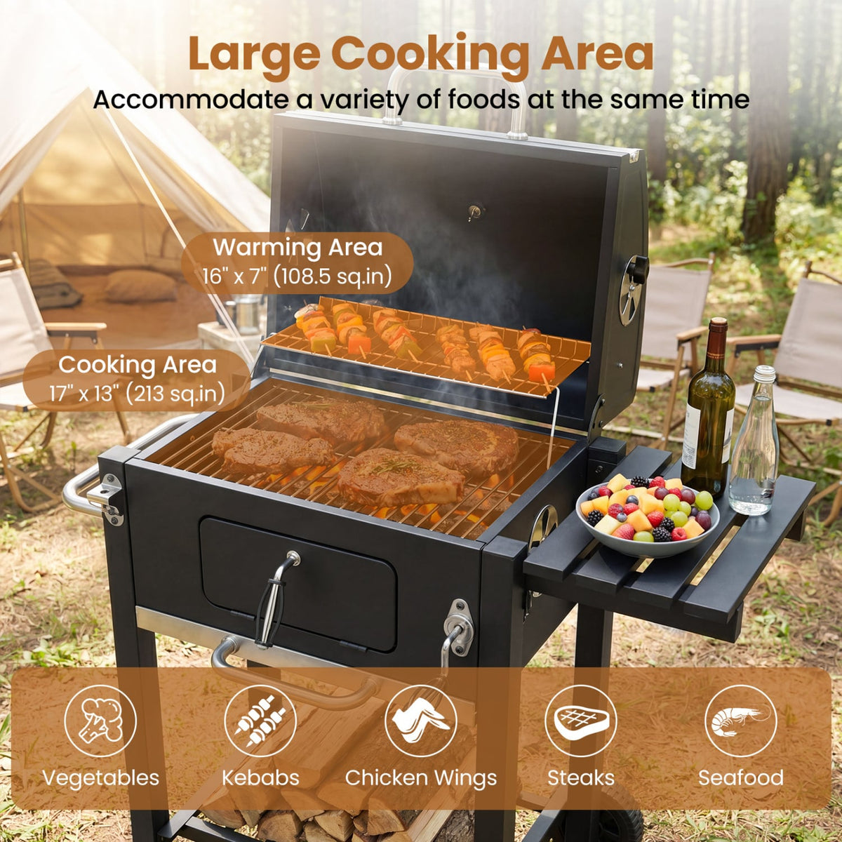 Portable Outdoor Barbecue Grill with Adjustable Charcoal Tray and Wheels-Black-Outdoor Grills-DECOROLALA