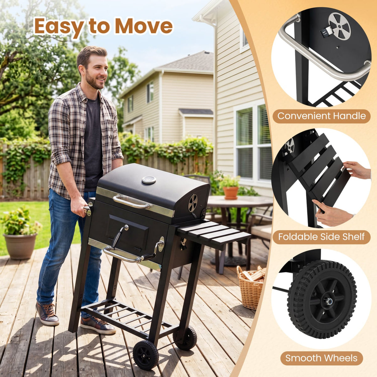 Portable Outdoor Barbecue Grill with Adjustable Charcoal Tray and Wheels-Black-Outdoor Grills-DECOROLALA