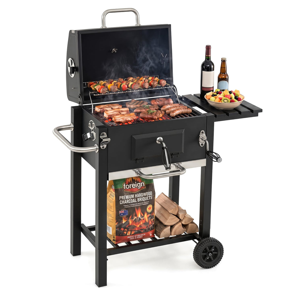 Portable Outdoor Barbecue Grill with Adjustable Charcoal Tray and Wheels-Black-Outdoor Grills-DECOROLALA