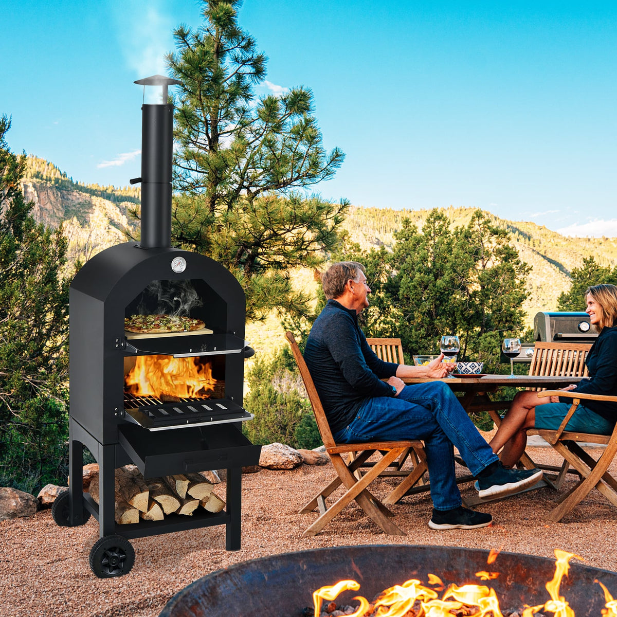 Portable Outdoor Pizza Oven with Pizza Stone and Waterproof Cover-Outdoor Grills-DECOROLALA