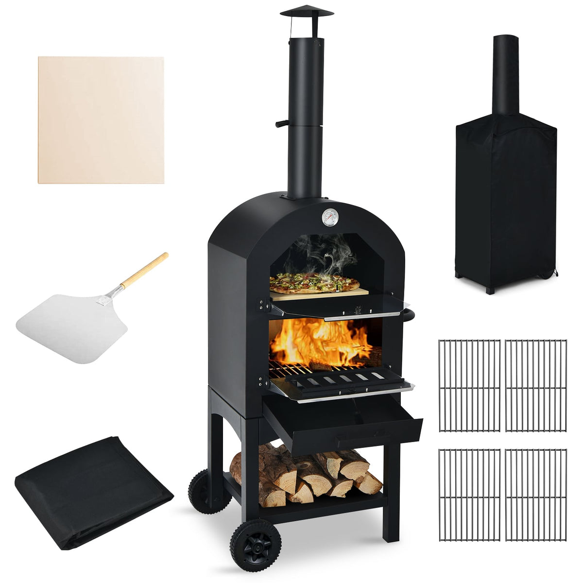 Portable Outdoor Pizza Oven with Pizza Stone and Waterproof Cover-Outdoor Grills-DECOROLALA