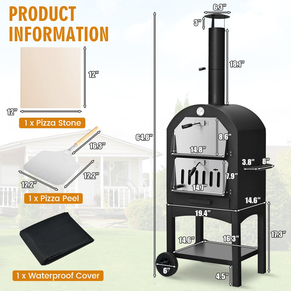 Portable Outdoor Pizza Oven with Pizza Stone and Waterproof Cover-Outdoor Grills-DECOROLALA