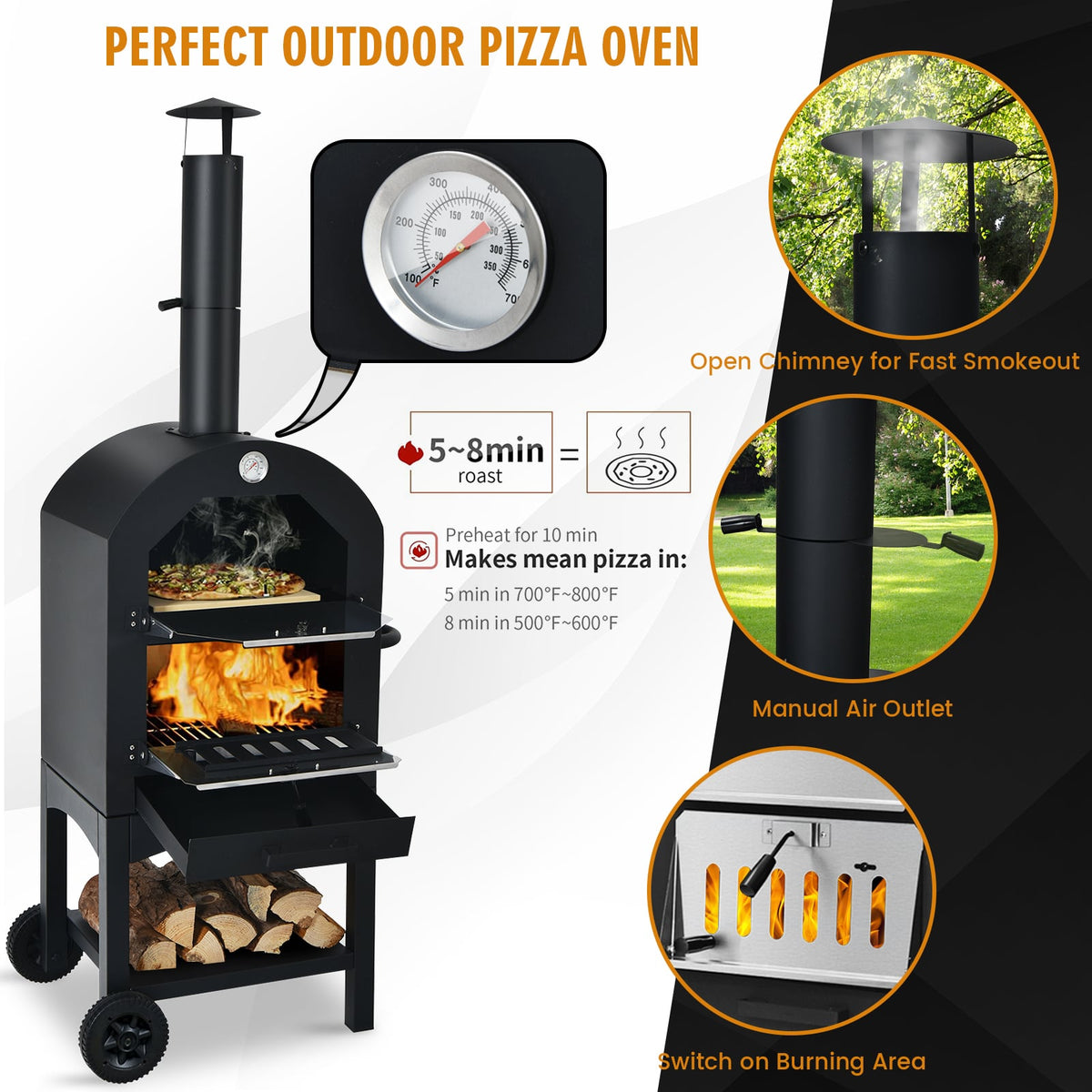Portable Outdoor Pizza Oven with Pizza Stone and Waterproof Cover-Outdoor Grills-DECOROLALA