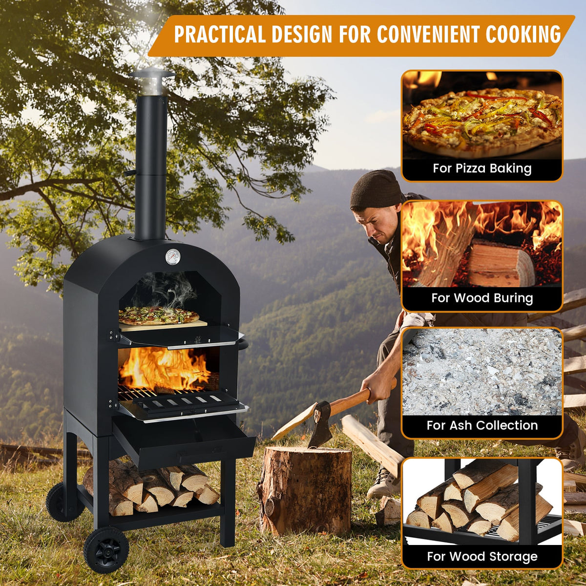 Portable Outdoor Pizza Oven with Pizza Stone and Waterproof Cover-Outdoor Grills-DECOROLALA