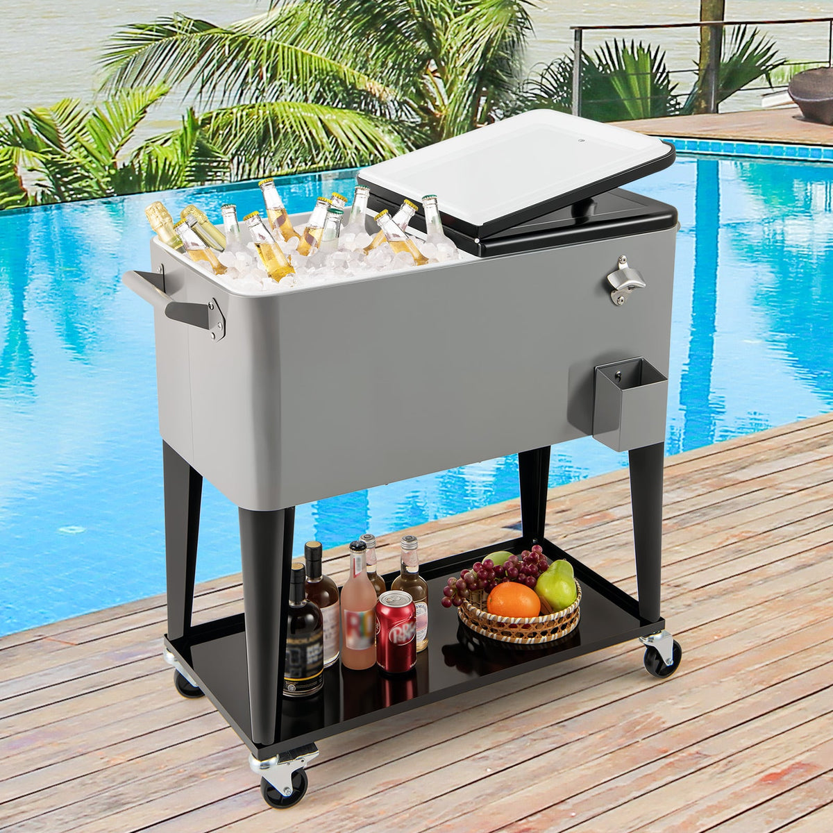 Portable Patio Cooler with Bottom Storage Shelf and Bottle Opener-Gray-Coolers-DECOROLALA