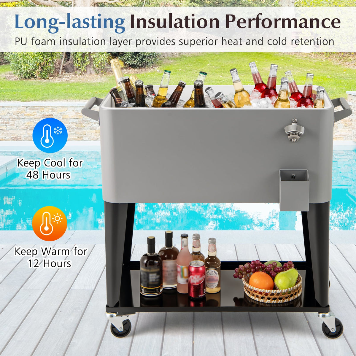Portable Patio Cooler with Bottom Storage Shelf and Bottle Opener-Gray-Coolers-DECOROLALA