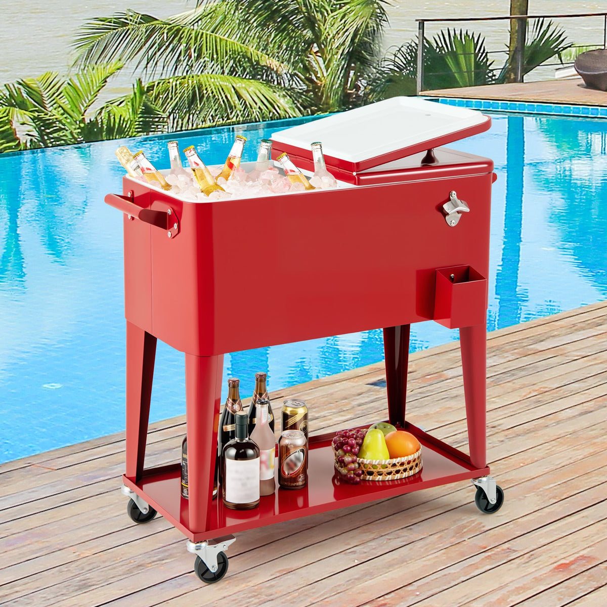 Portable Patio Cooler with Bottom Storage Shelf and Bottle Opener-Red-Coolers-DECOROLALA