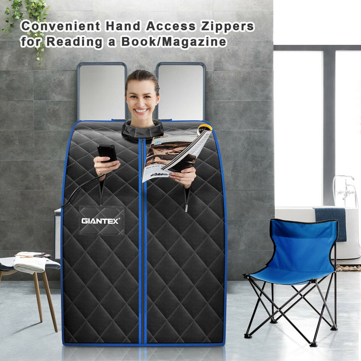 Portable Personal Far Infrared Sauna with Heating Foot Pad and Chair-Black-Saunas-DECOROLALA