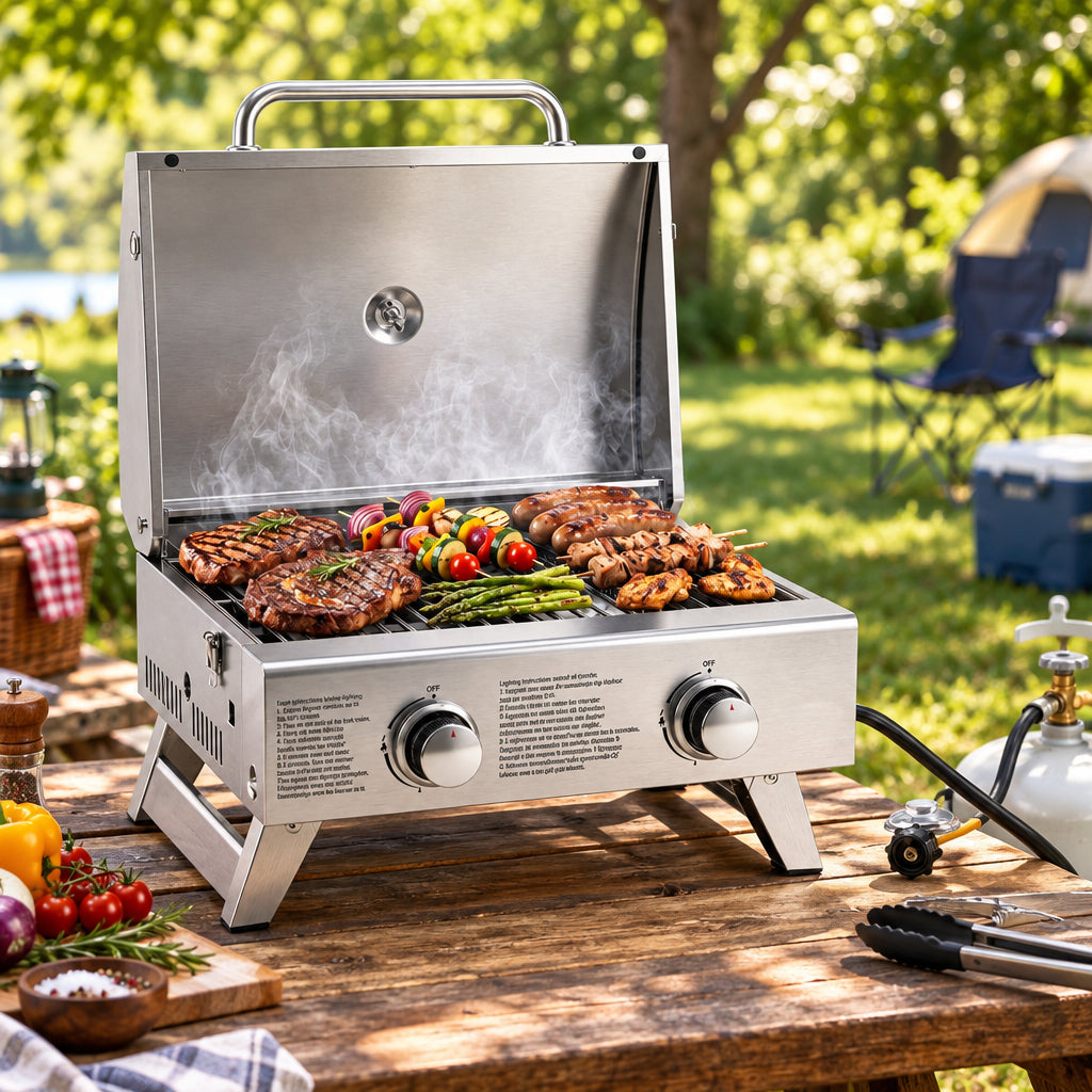 Portable Stainless Steel 2-Burner Tabletop Propane Gas Grill - Silver-Outdoor Grills-DECOROLALA