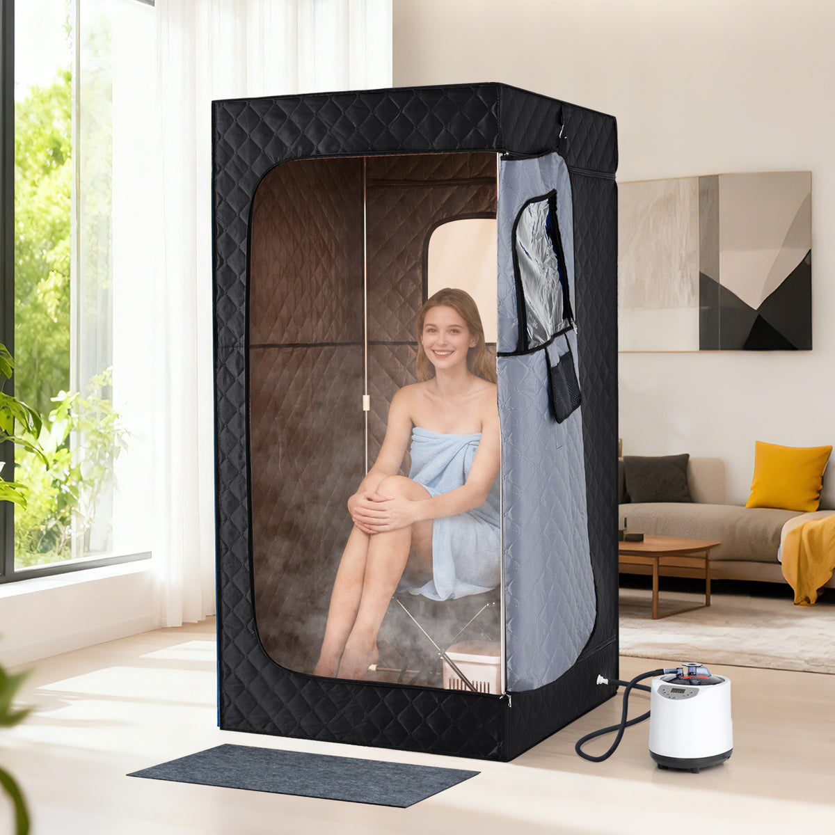 Portable Steam Sauna Box with 3L/1200W Fast-Heat Steamer and 15-Level Temperature-Black-Saunas-DECOROLALA