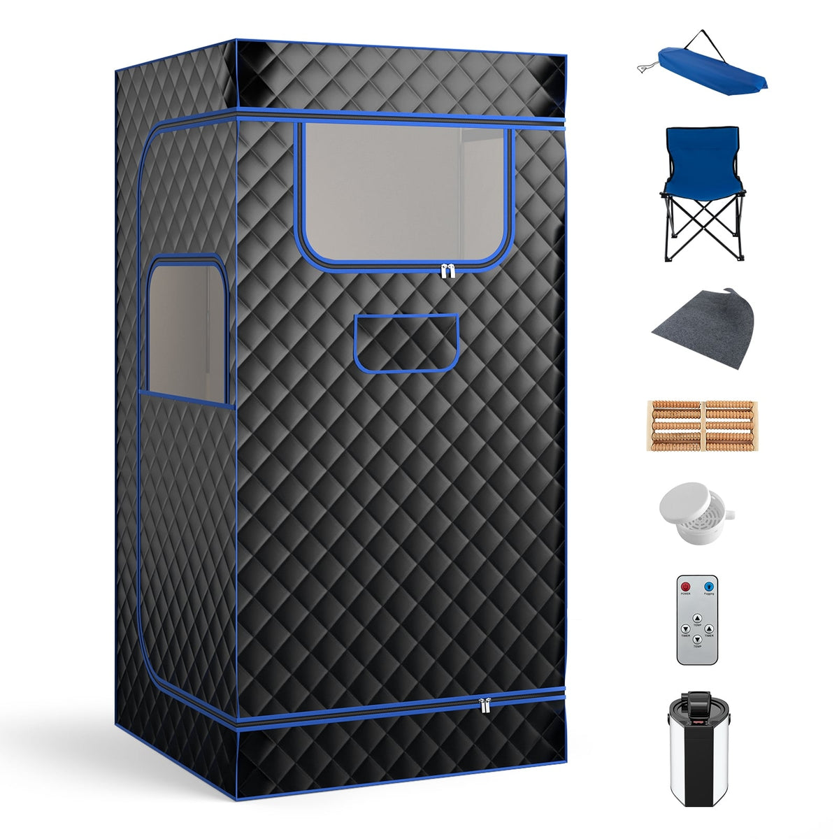Portable Steam Sauna with 3L Steam Generator Remote Control Wood Foot Massager and Foldable Chair for Home-Black-Saunas-DECOROLALA