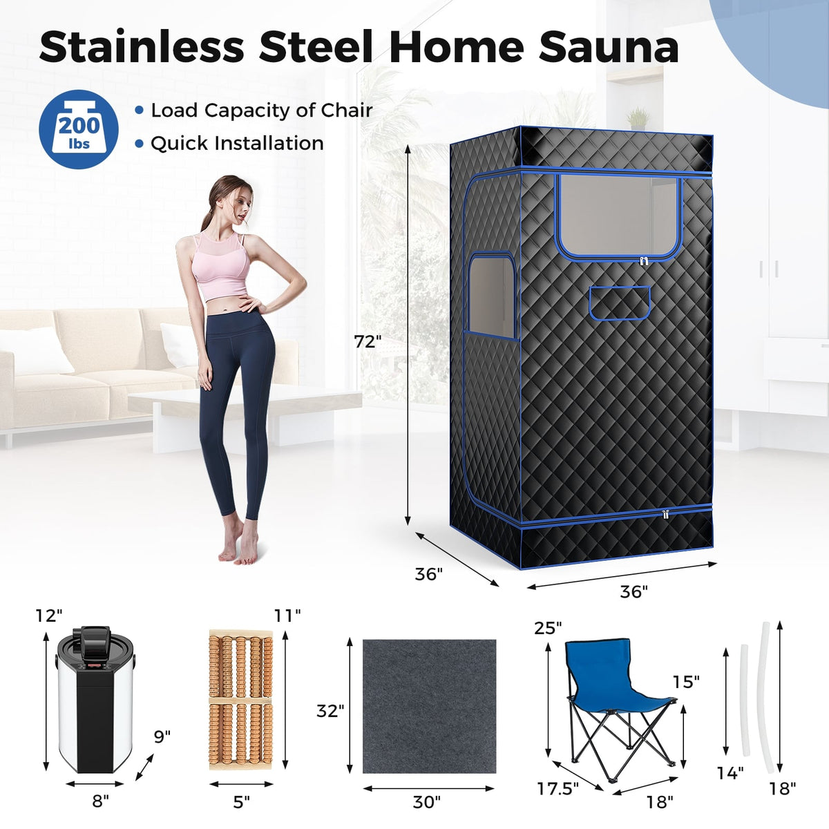 Portable Steam Sauna with 3L Steam Generator Remote Control Wood Foot Massager and Foldable Chair for Home-Black-Saunas-DECOROLALA