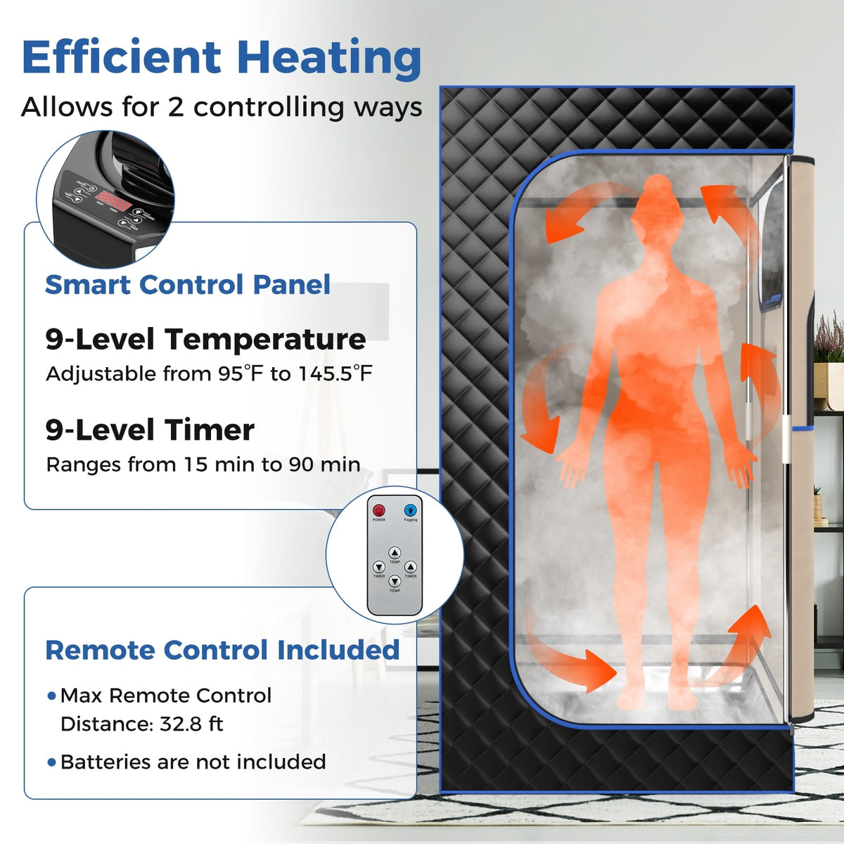 Portable Steam Sauna with 3L Steam Generator Remote Control Wood Foot Massager and Foldable Chair for Home-Black-Saunas-DECOROLALA
