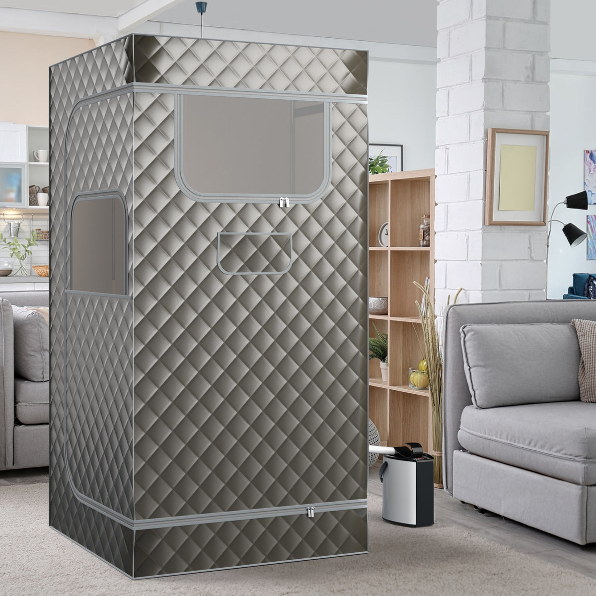 Portable Steam Sauna with 3L Steam Generator Remote Control Wood Foot Massager and Foldable Chair for Home-Gray-Saunas-DECOROLALA