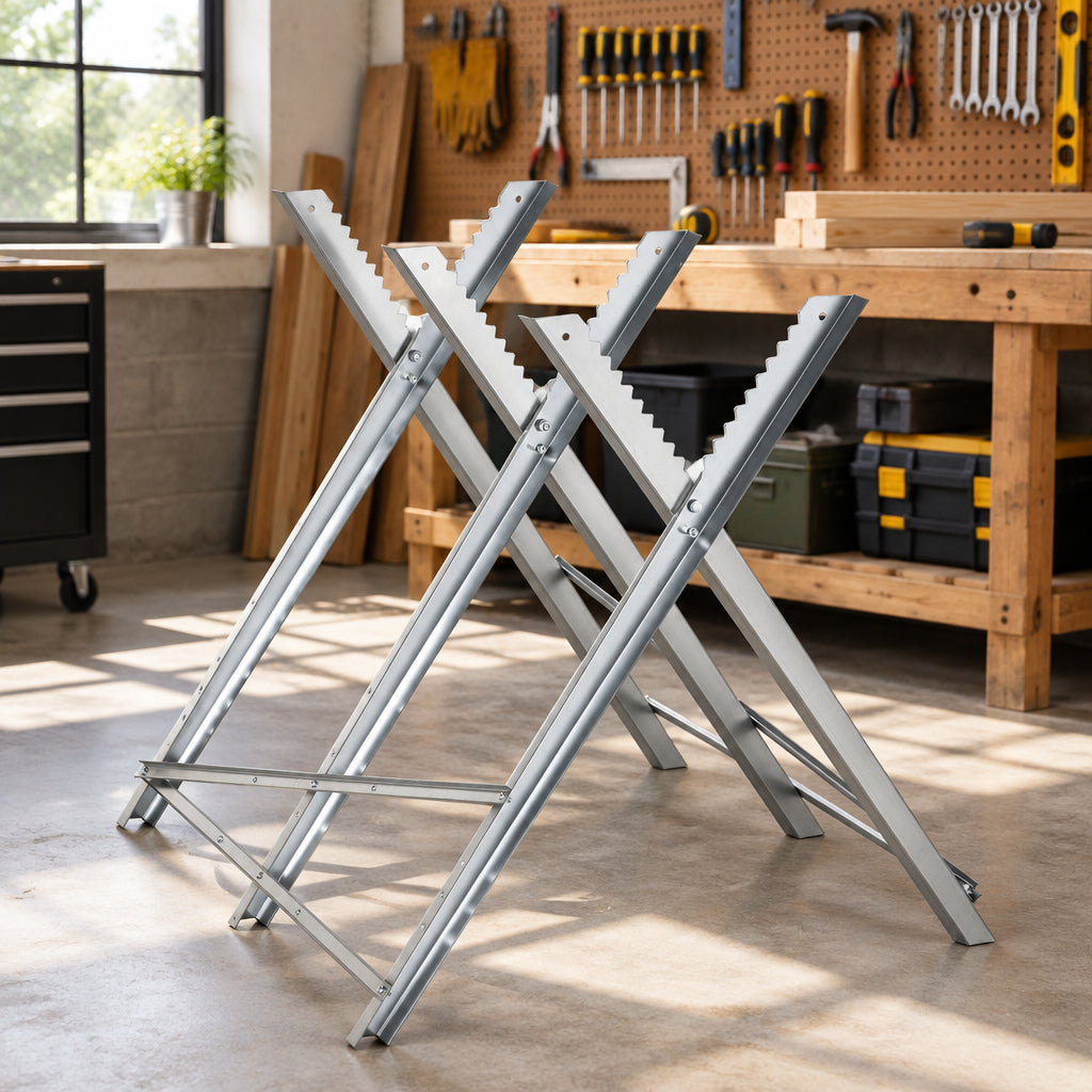Portable Steel Sawhorse - Foldable 220 lbs Capacity Silver-Home Improvement > Tools-DECOROLALA