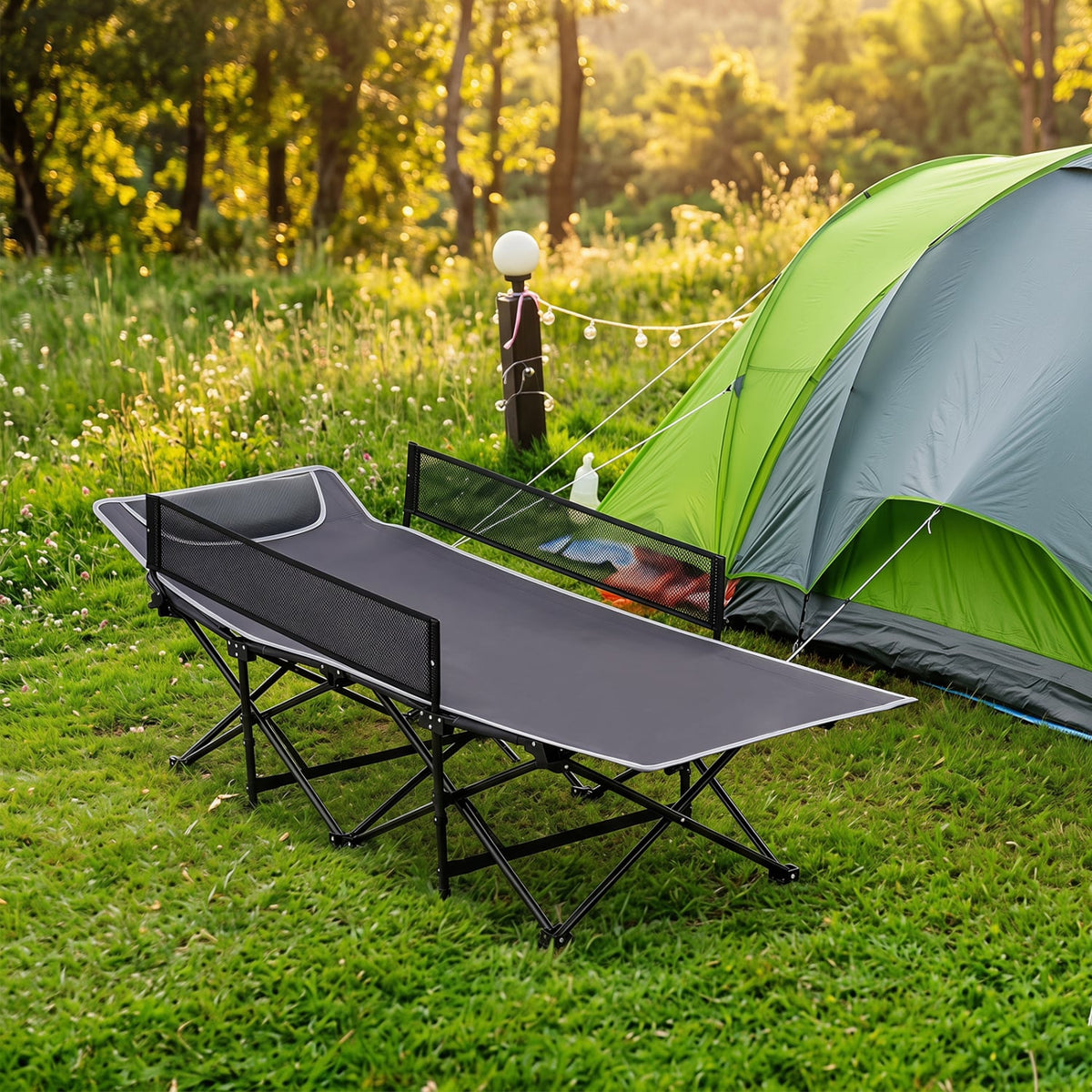 Portable Travel Toddler Cot Bed with Guardrail for Outdoor Indoor-Gray-Camping Furniture-DECOROLALA