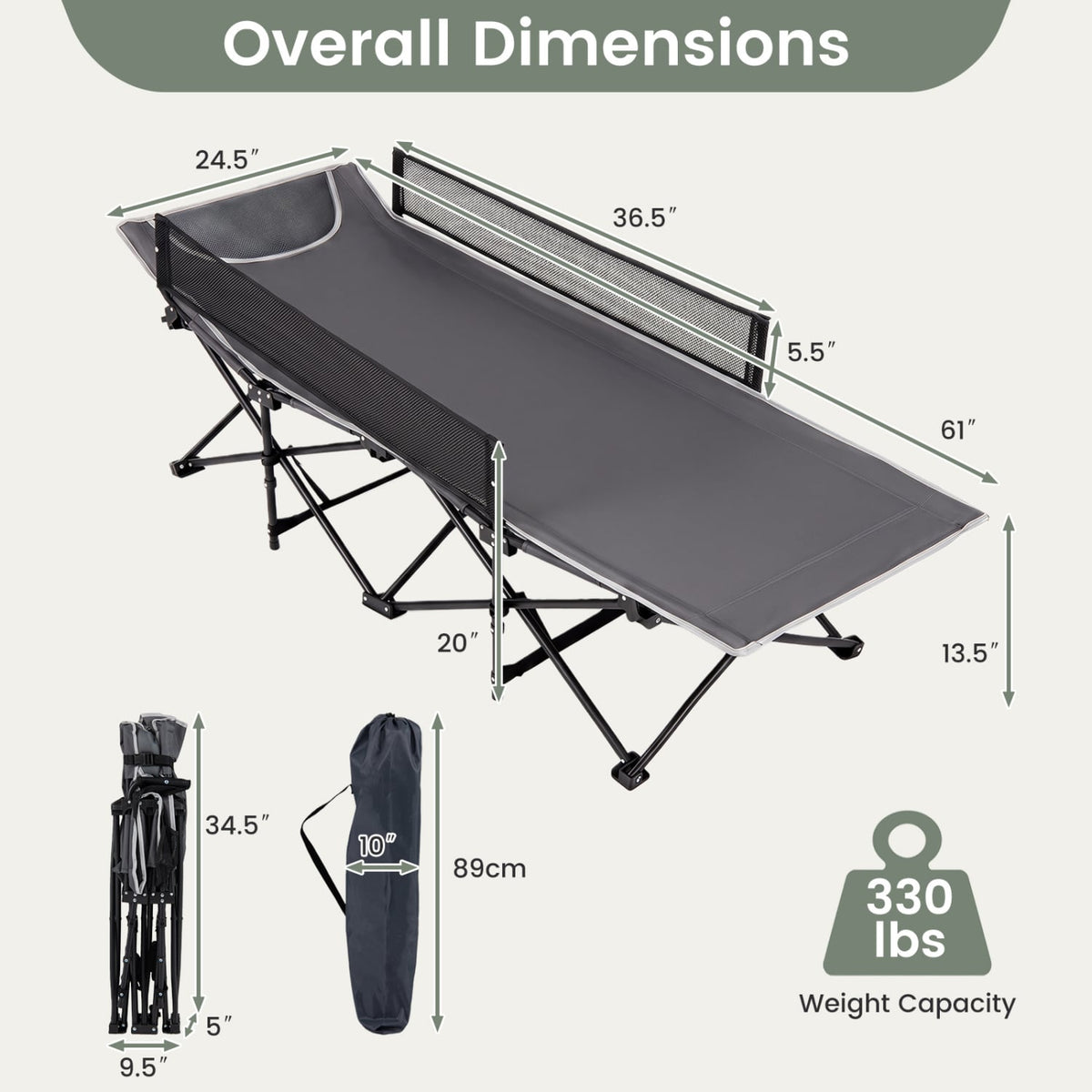 Portable Travel Toddler Cot Bed with Guardrail for Outdoor Indoor-Gray-Camping Furniture-DECOROLALA