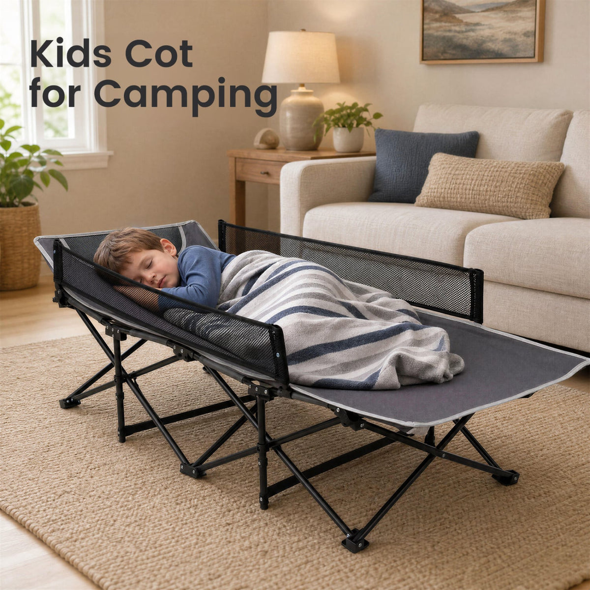 Portable Travel Toddler Cot Bed with Guardrail for Outdoor Indoor-Gray-Camping Furniture-DECOROLALA