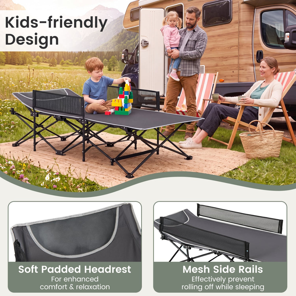 Portable Travel Toddler Cot Bed with Guardrail for Outdoor Indoor-Gray-Camping Furniture-DECOROLALA